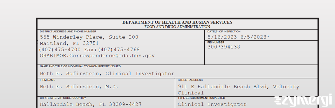 FDANews 483 Beth E. Safirstein, M.D. Jun 5 2023 top