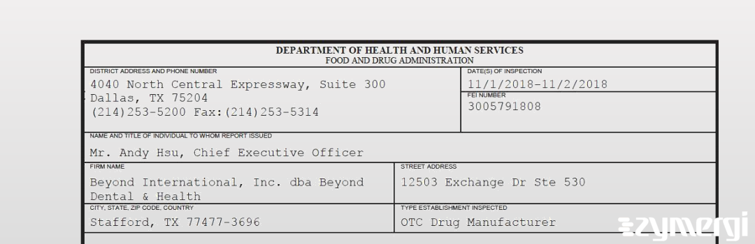 FDANews 483 Beyond International, Inc. dba Beyond Dental & Health Nov 2 2018 top