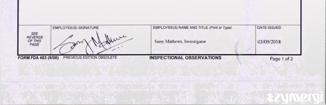 Sony Mathews FDA Investigator 