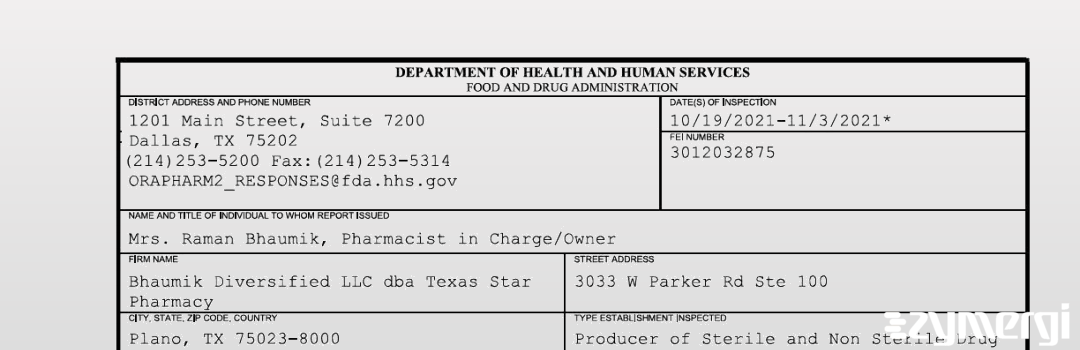 FDANews 483 Bhaumik Diversified LLC dba Texas Star Pharmacy Nov 3 2021 top