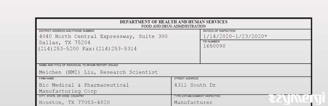 FDANews 483 Bio Medical & Pharmaceutical Manufacturing Corp Jan 23 2020 top