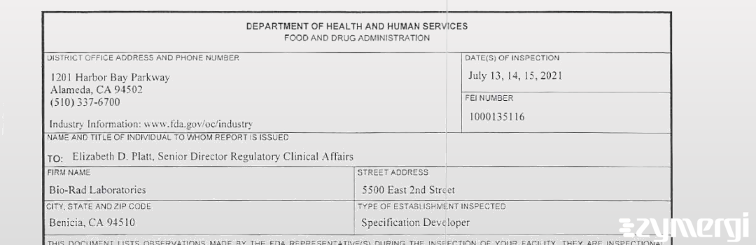 FDANews 483 Bio-Rad Laboratories, Inc. Jul 15 2021 top