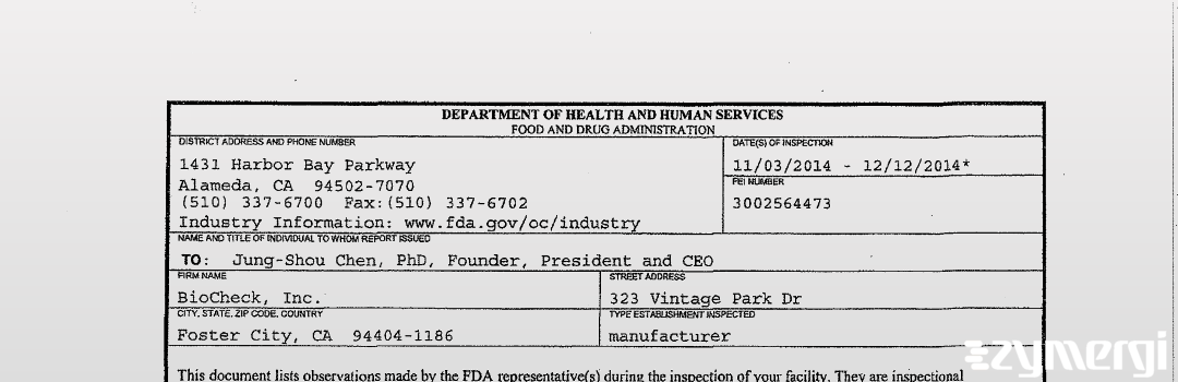 FDANews 483 BioCheck, Inc. Dec 12 2014 top