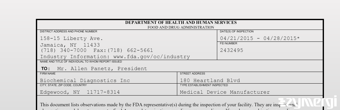 FDANews 483 Biochemical Diagnostics Inc Apr 28 2015 top