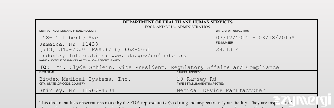 FDANews 483 Biodex Medical Systems, Inc. Mar 17 2015 top