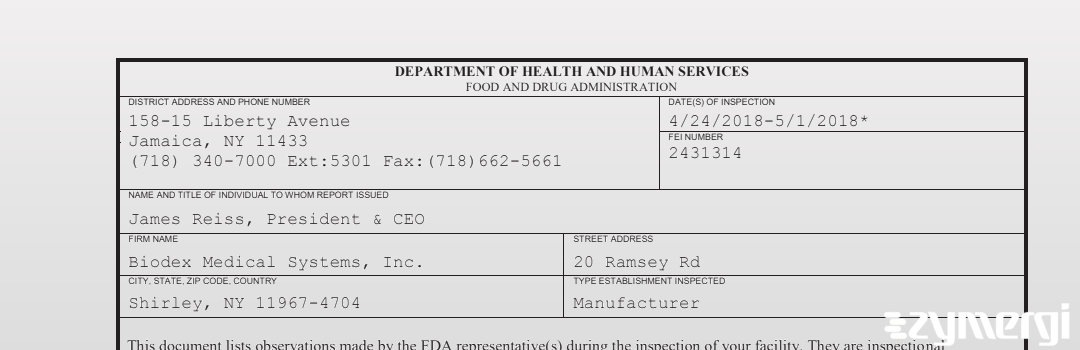 FDANews 483 Biodex Medical Systems, Inc. May 1 2018 top