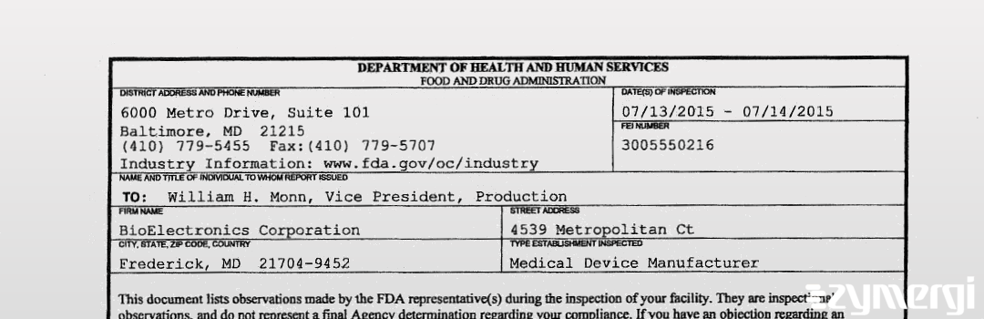 FDANews 483 BioElectronics Corporation Jul 14 2015 top