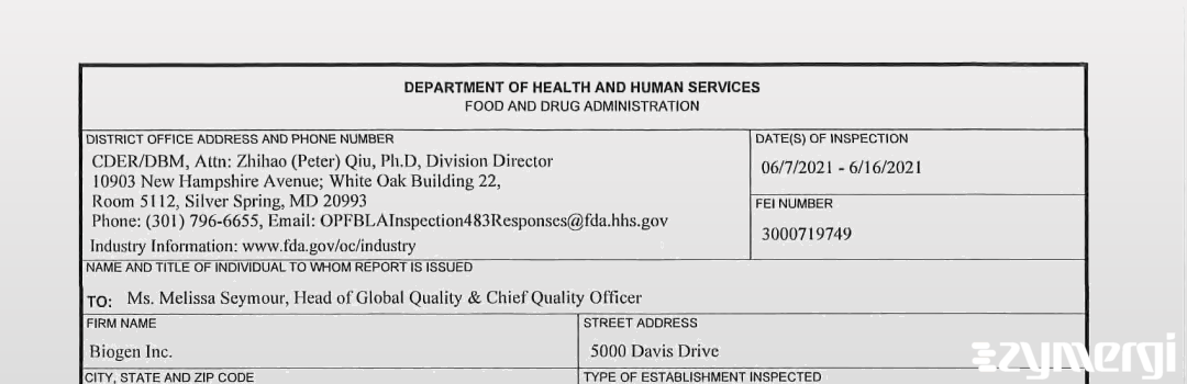 FDANews 483 Biogen MA Inc. Jun 16 2021 top