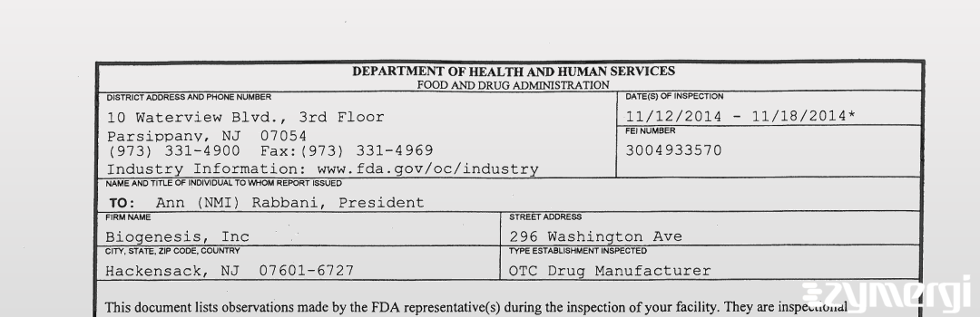 FDANews 483 Biogenesis, Inc Nov 18 2014 top