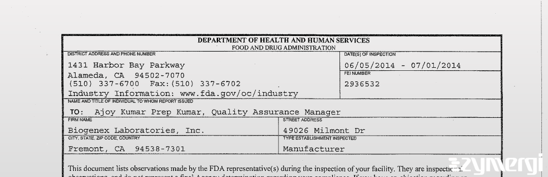 FDANews 483 Biogenex Laboratories, Inc. Jul 1 2014 top