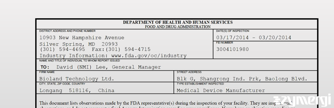 FDANews 483 Bioland Technology Ltd. Mar 20 2014 top