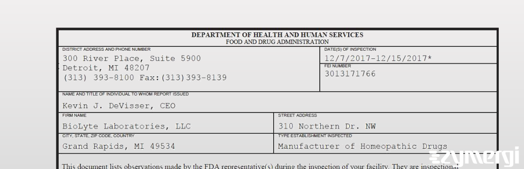 FDANews 483 BioLyte Laboratories, LLC Dec 15 2017 top