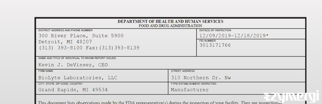 FDANews 483 BioLyte Laboratories, LLC Dec 18 2019 top