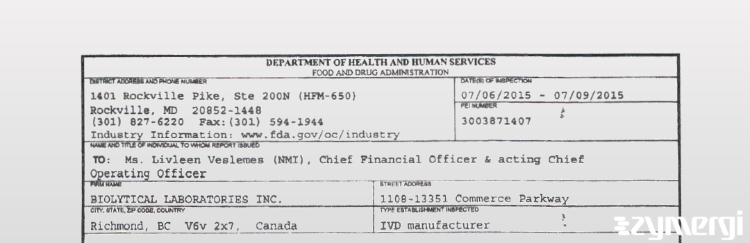 FDANews 483 BIOLYTICAL LABORATORIES INC. Jul 9 2015 top