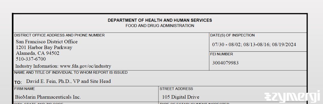 FDANews 483 BioMarin Pharmaceutical Inc. Aug 19 2024 top