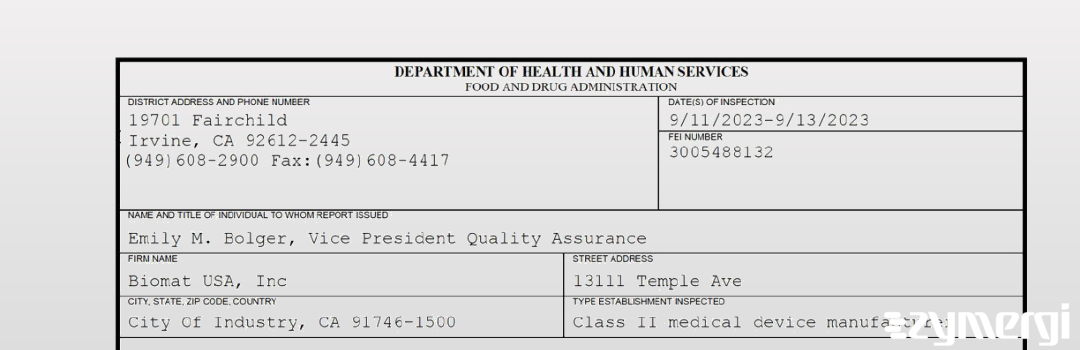 FDANews 483 Biomat USA, Inc. Sep 13 2023 top
