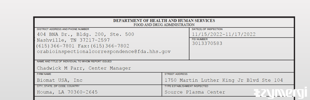 FDANews 483 Biomat USA, Inc. Nov 17 2022 top