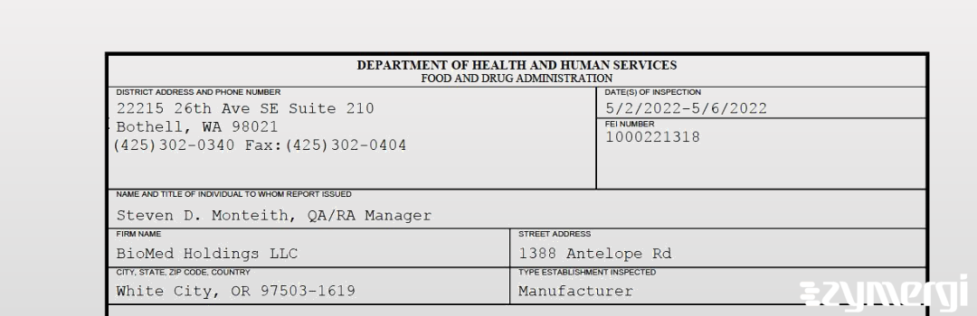 FDANews 483 BioMed Holdings LLC May 6 2022 top