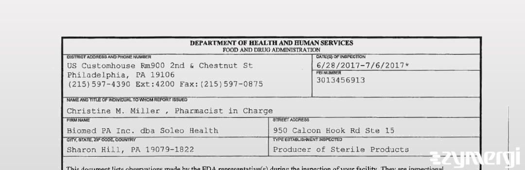 FDANews 483 Biomed Pharmaceuticals dba Soleo Health Jul 6 2017 top