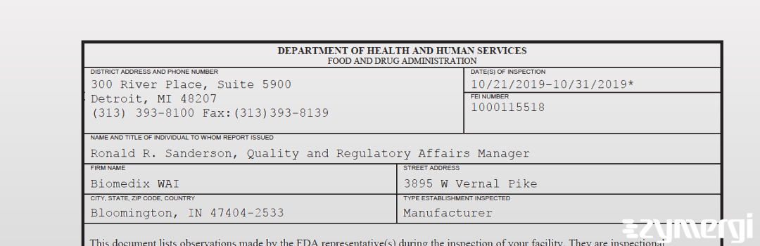 FDANews 483 Biomedix Wai Oct 31 2019 top