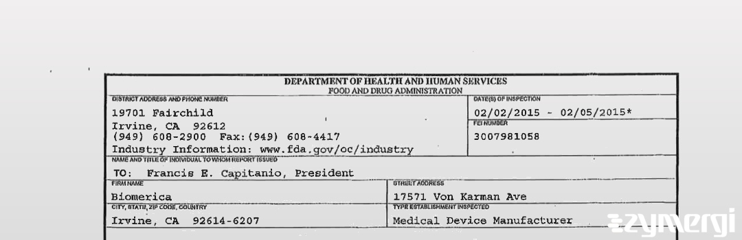 FDANews 483 Biomerica Feb 5 2015 top