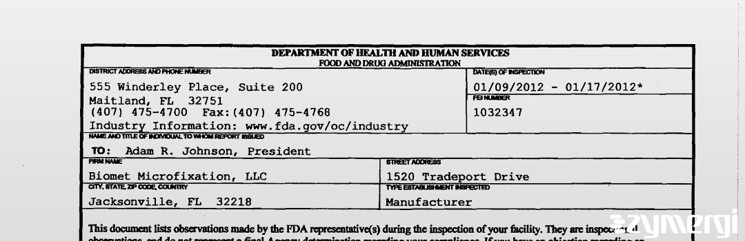 FDANews 483 Biomet Microfixation, LLC Jan 17 2012 top