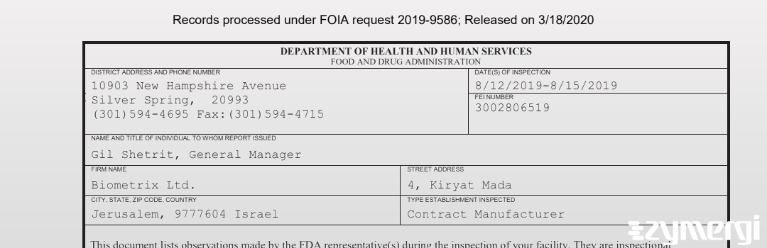 FDANews 483 Biometrix Ltd. Aug 15 2019 top