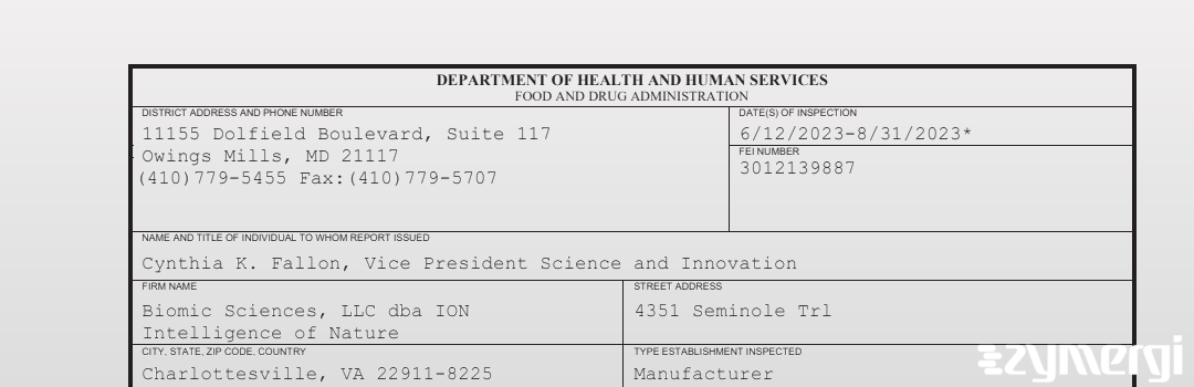 FDANews 483 Biomic Sciences, LLC dba ION Intelligence of Nature Aug 31 2023 top