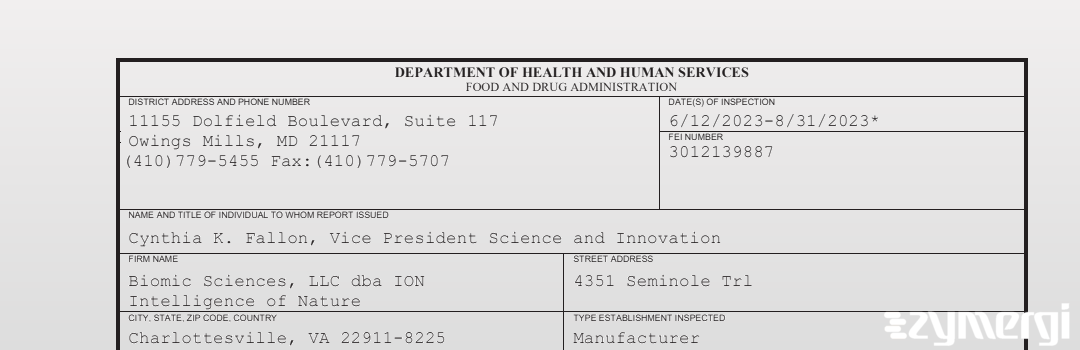 FDANews 483 Biomic Sciences, LLC dba ION Intelligence of Nature Aug 31 2023 top