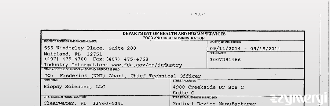 FDANews 483 Biopsy Sciences, LLC Sep 15 2014 top