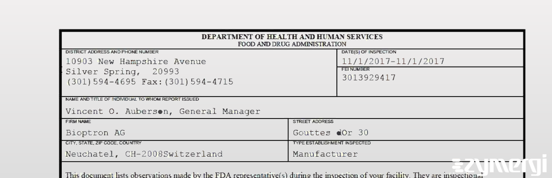 FDANews 483 Bioptron AG Nov 1 2017 top