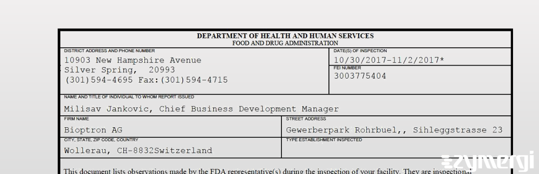 FDANews 483 Bioptron AG Nov 2 2017 top