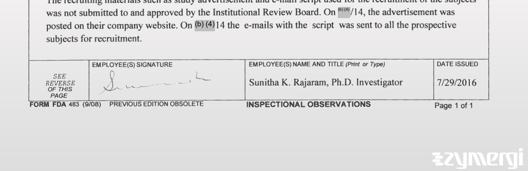 Sunitha K. Rajaram FDA Investigator 