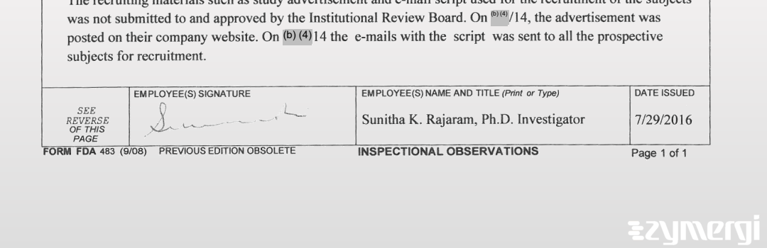 Sunitha K. Rajaram FDA Investigator