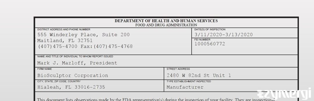 FDANews 483 BioSculptor Corporation Mar 13 2020 top