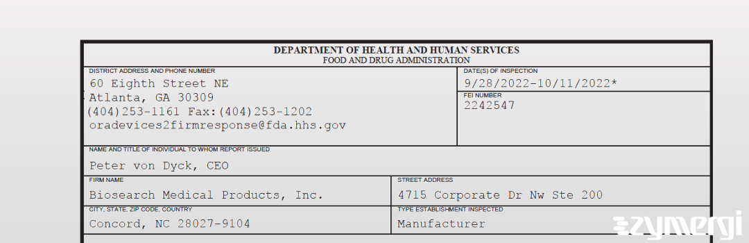 FDANews 483 Biosearch Medical Products, Inc. Oct 11 2022 top