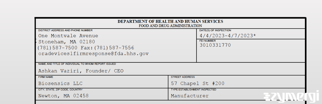 FDANews 483 Biosensics LLC Apr 7 2023 top