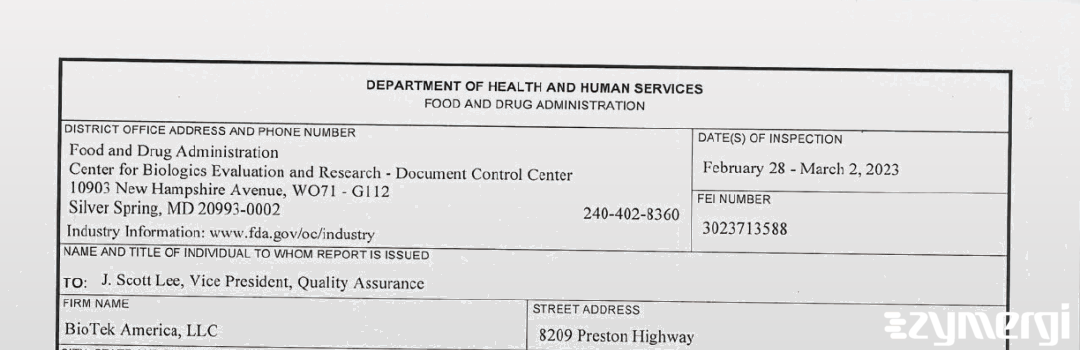 FDANews 483 BioTek America LLC Mar 2 2023 top