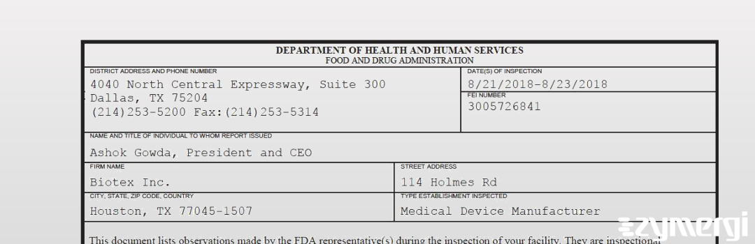 FDANews 483 Biotex Inc. Aug 23 2018 top