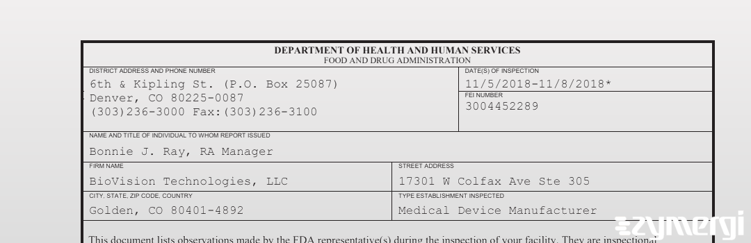 FDANews 483 BioVision Technologies, LLC Nov 8 2018 top