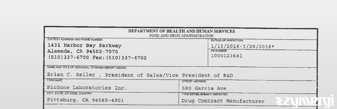 FDANews 483 BioZone Laboratories, Inc. Jan 26 2016 top