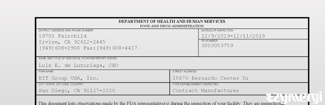 FDANews 483 BIT Group USA, Inc. Dec 11 2019 top