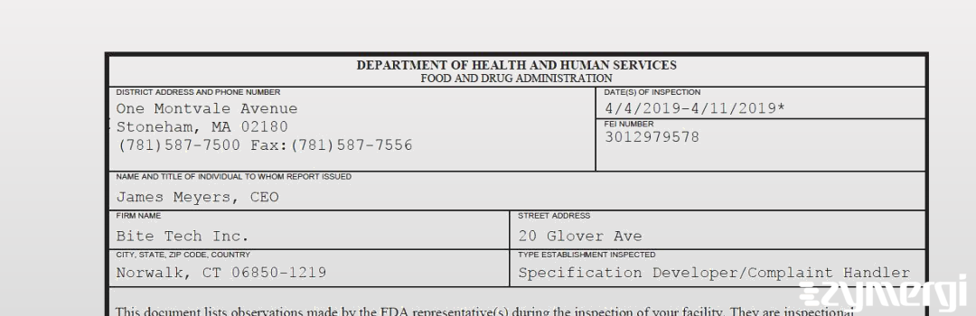 FDANews 483 Bite Tech Inc. Apr 11 2019 top