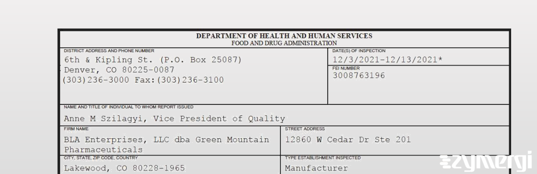 FDANews 483 BLA Enterprises, LLC dba Green Mountain Pharmaceuticals Dec 13 2021 top