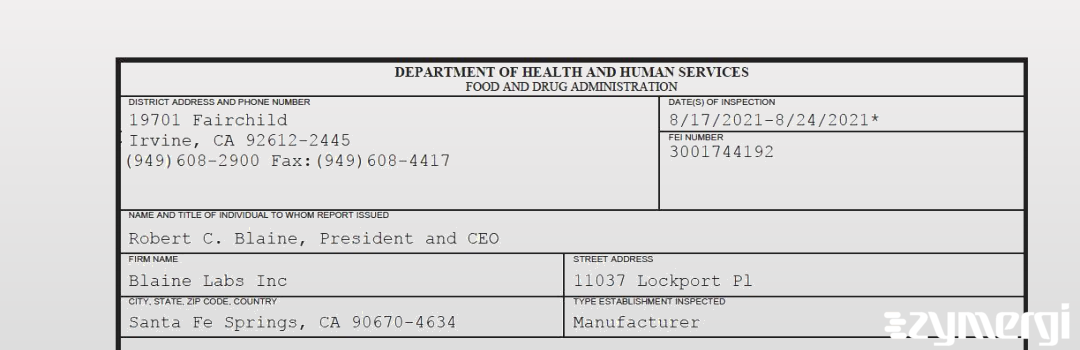 FDANews 483 Blaine Labs Inc Aug 24 2021 top