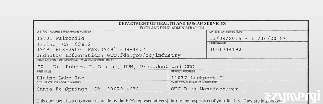 FDANews 483 Blaine Labs Inc Nov 16 2015 top