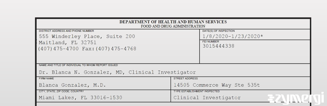 FDANews 483 Blanca Gonzalez, M.D. Jan 23 2020 top