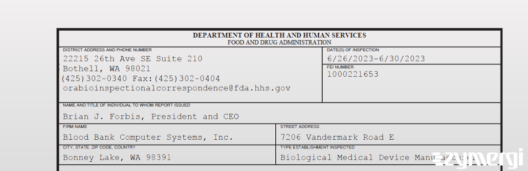 FDANews 483 Blood Bank Computer Systems, Inc. Jun 30 2023 top