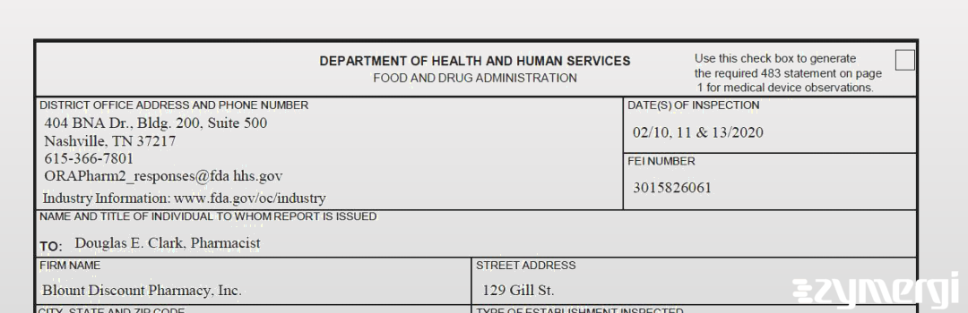 FDANews 483 Blount Discount Pharmacy, Inc. Feb 13 2020 top