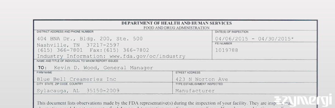 FDANews 483 Blue Bell Creameries Inc Apr 30 2015 top